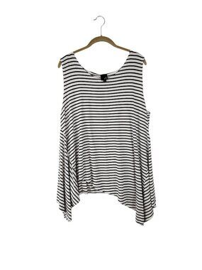 Lisa Bayne Asymmetrical Hem Sleeveless Top Black White Stripe Rayon Womens XL